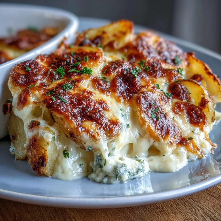 Creamy scalloped potatoes baked with sharp cheddar and mozzarella, perfect alongside ham or roast.  