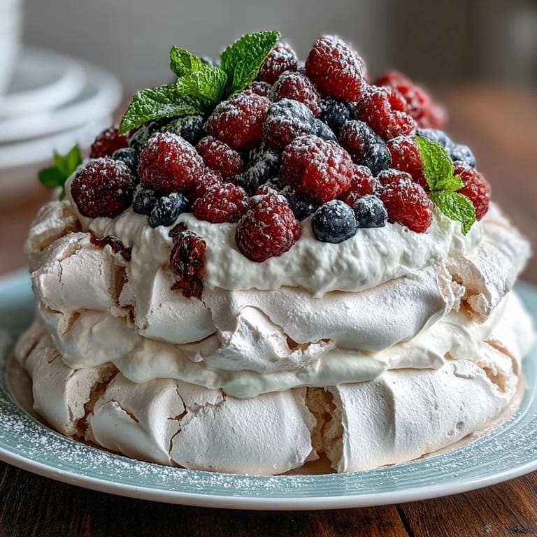 Delicate pavlova shell with a soft marshmallow center, layered with fresh cream and a medley of juicy berries.