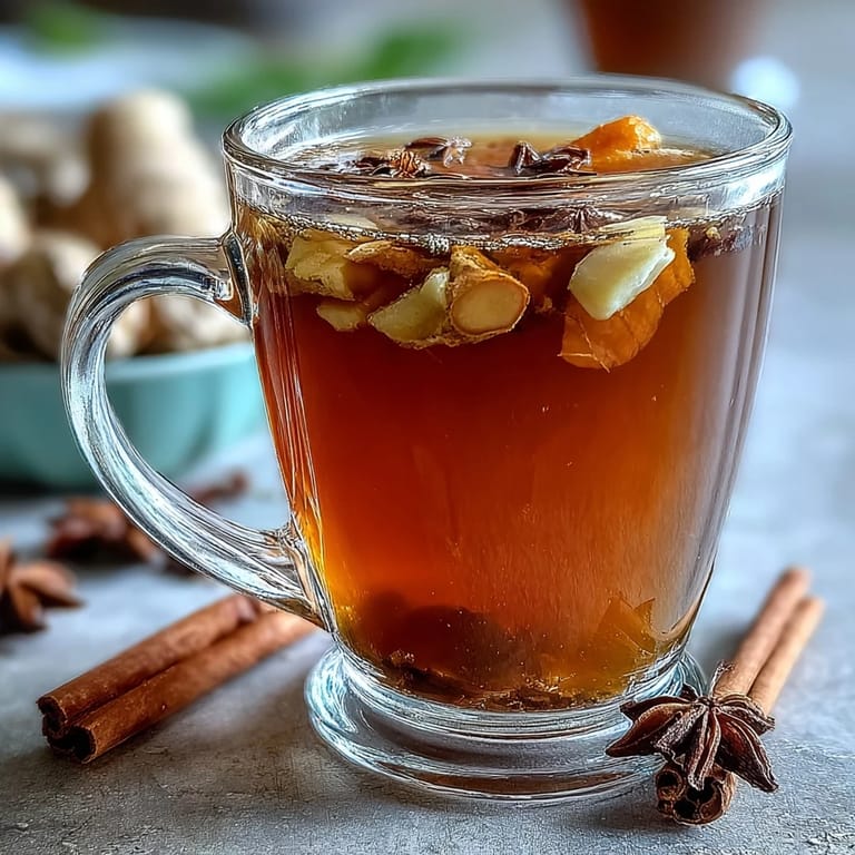 Aromatic herbal tea featuring roasted dandelion root, fresh ginger, and turmeric in a clear glass mug.