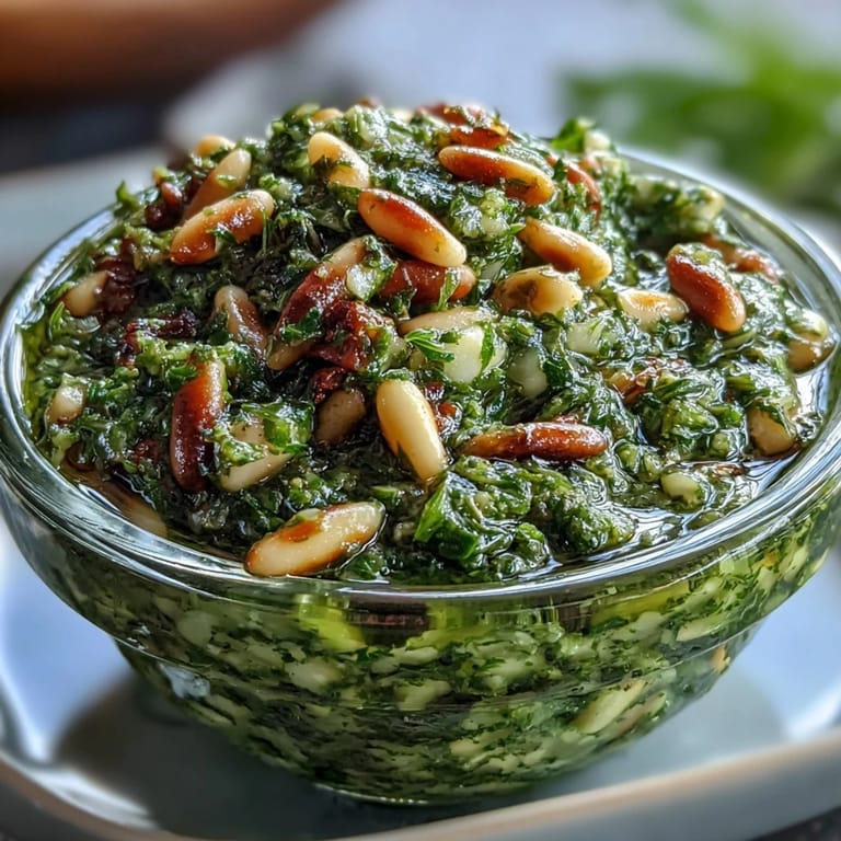 Creamy homemade dandelion pesto, featuring fresh greens, garlic, and toasted pine nuts.  