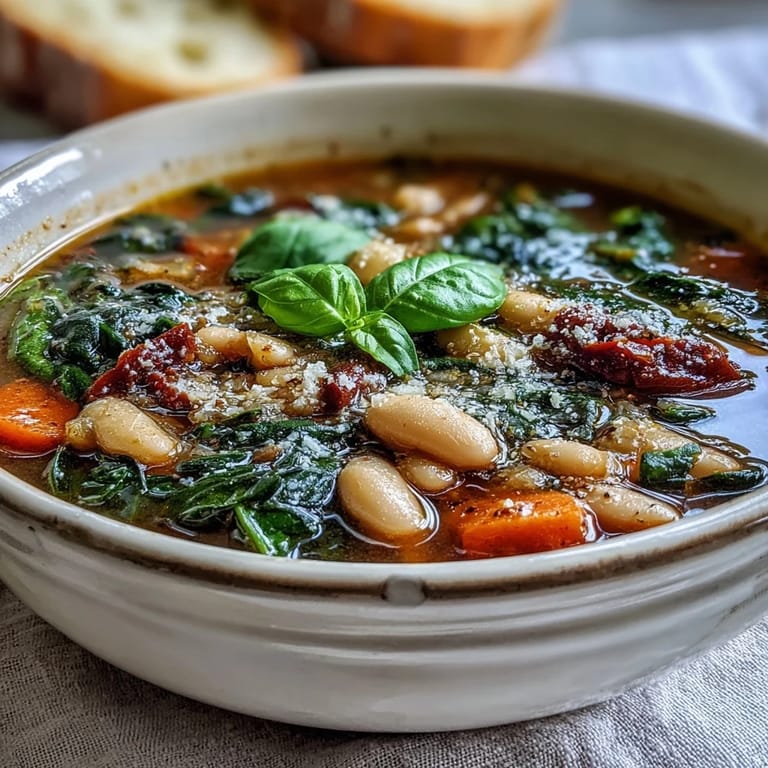 Creamy slow-cooked Tuscan White Bean and Spinach Soup, topped with fresh basil and Parmesan cheese.