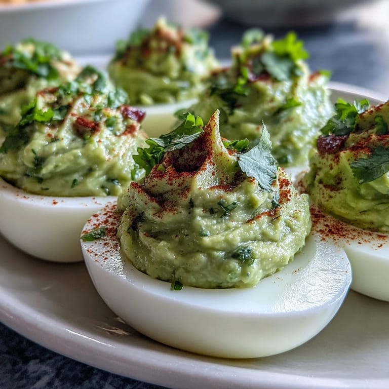 Avocado deviled eggs with zesty guacamole filling, diced tomato, and a sprinkle of smoked paprika for a vibrant appetizer.