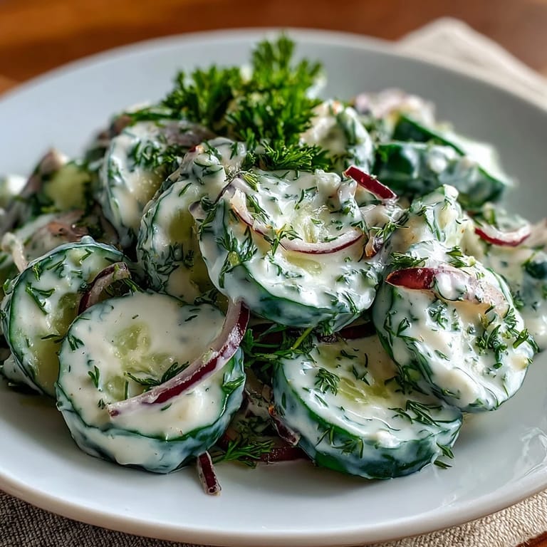 Refreshing Creamy Cucumber Dill Salad featuring cool cucumbers and creamy dressing, garnished with fresh dill for a vibrant side dish.