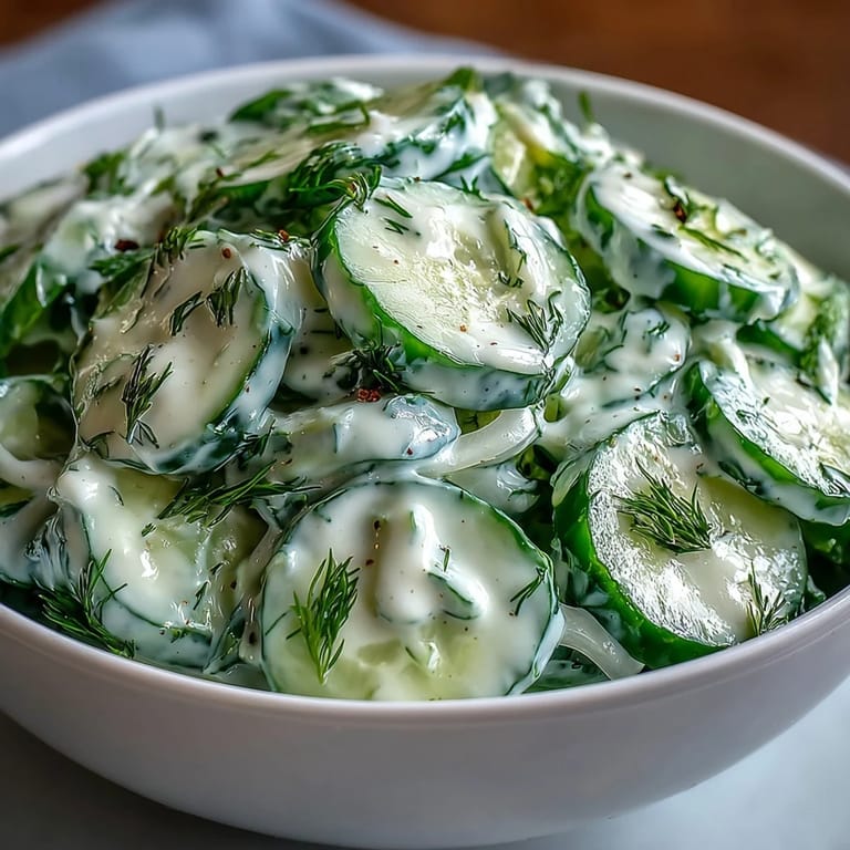 Cool and creamy Creamy Cucumber Dill Salad with thinly sliced cucumbers and zesty dill dressing, ideal for light lunches or cookouts.
