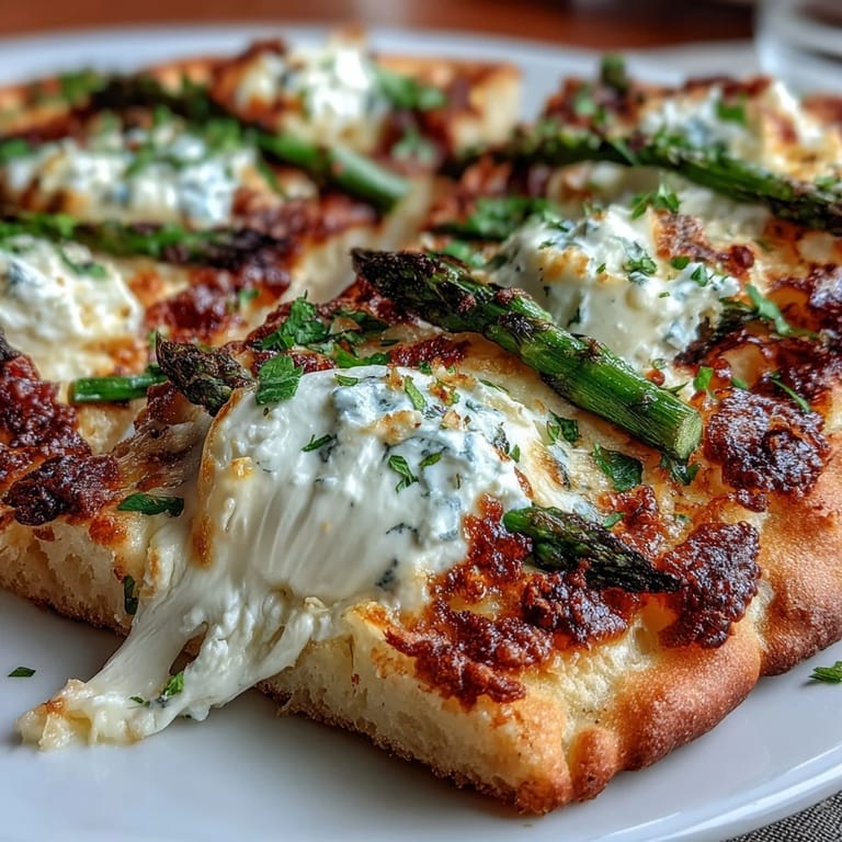 Vibrant flatbread, roasted asparagus, melty burrata, perfect for a spring appetizer.