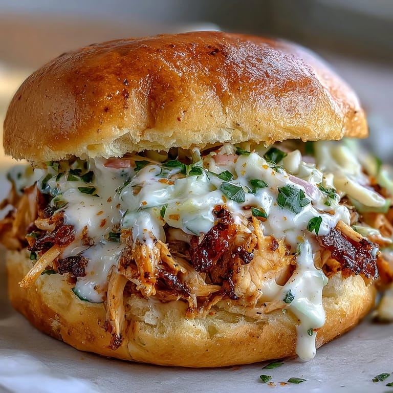 Soft buns filled with savory smoked pulled chicken and creamy white BBQ sauce.