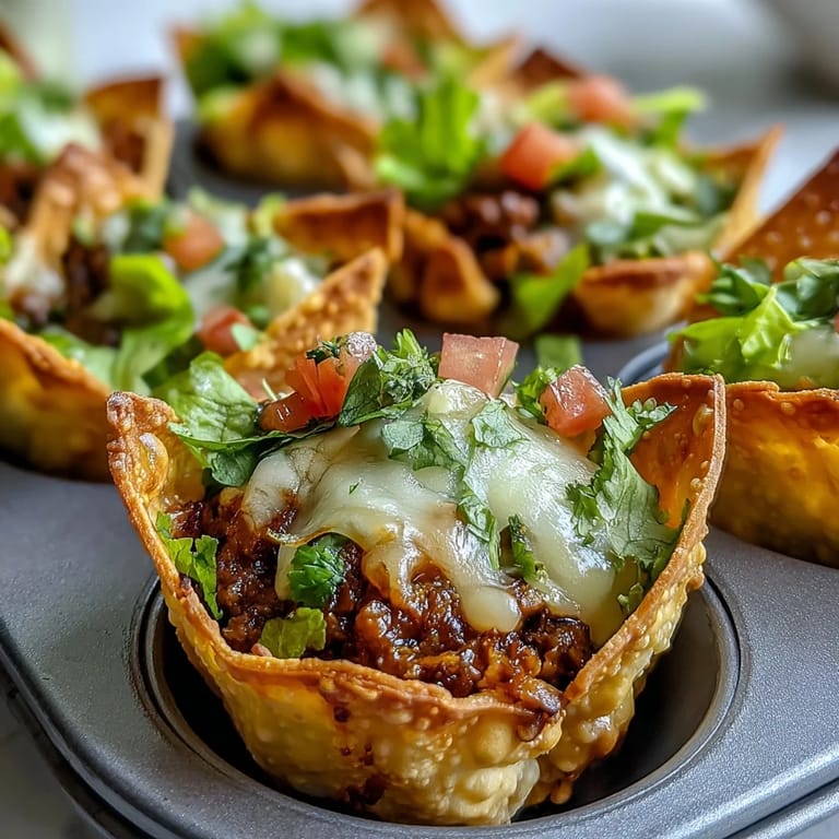 Golden Mini Taco Cups in Wonton Wrappers ready to be enjoyed as snacks.