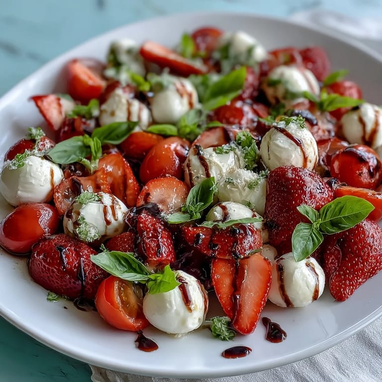 Bright colors abound in this easy Fresh Strawberry Caprese Salad, drizzled with balsamic glaze.