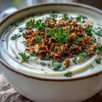 A steaming bowl of Celeriac Soup with Hazelnut Crumble, its velvety white surface topped with golden, crunchy nut pieces.