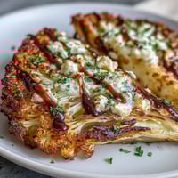 Golden roasted Crispy Cabbage Steaks With Feta and Balsamic topped with creamy crumbles and a rich dark drizzle, ready to serve.