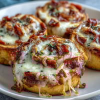 Close-up of golden-baked Tortilla Pizza Rolls with melted mozzarella and pepperoni on a rustic board.