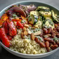 A vibrant Veggie and Quinoa Power Bowl topped with roasted vegetables, beans, and crunchy nuts. 