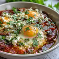 A vibrant shakshuka bowl with poached eggs in spiced tomato sauce, garnished with fresh herbs and crumbled feta, served with warm pita bread.