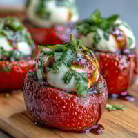 Strawberry Caprese skewers with mozzarella, basil, and balsamic drizzle, a colorful and refreshing appetizer perfect for summer gatherings.  