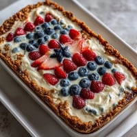 Festive Fourth of July No-Bake Cheesecake Flag Cake with fresh berries arranged in patriotic design.
