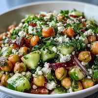 Cold chickpea salad with lemon herbs, fresh tomatoes, and crisp cucumbers in a vibrant Mediterranean bowl.  