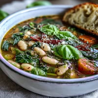 Tuscan White Bean and Spinach Soup in a slow cooker, with tender vegetables and fresh spinach in a savory broth.