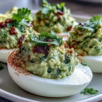 Creamy guacamole-stuffed deviled eggs with avocado filling, lime, and jalapeño, garnished with smoked paprika and fresh cilantro.