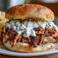 Juicy smoked pulled chicken sandwiches piled high with tangy white BBQ sauce.