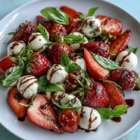 Fresh Strawberry Caprese Salad with Mozzarella, a vibrant, sweet, and savory summer delight.