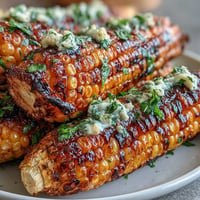 **Grilled Corn Ribs with Chili Lime Butter, beautifully charred and drizzled.**